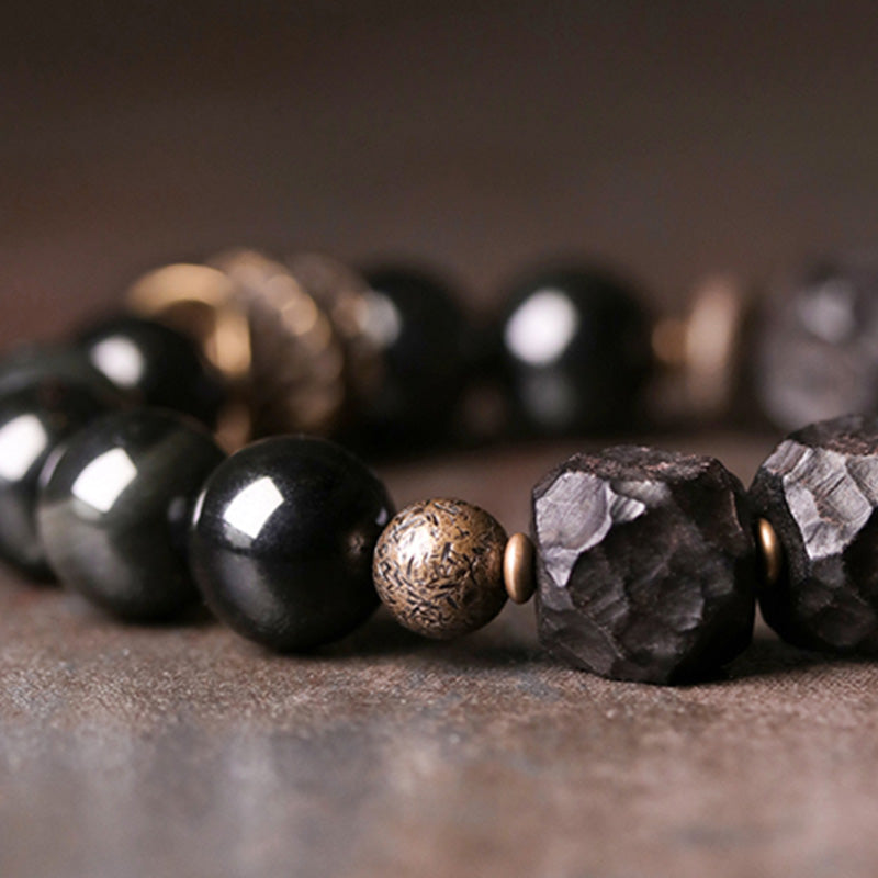Nimara Ritual Black Obsidian Ebony Wood Copper Strength Couple Bracelet
