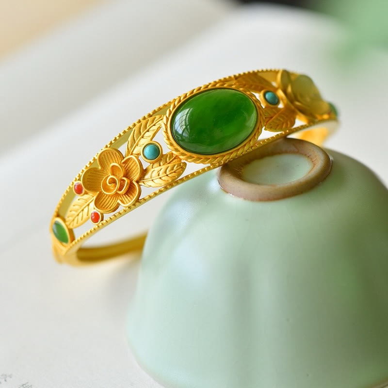 Nimara Ritual Cyan Jade White Jade Flower Leaf Harmony Luck Bracelet Bangle