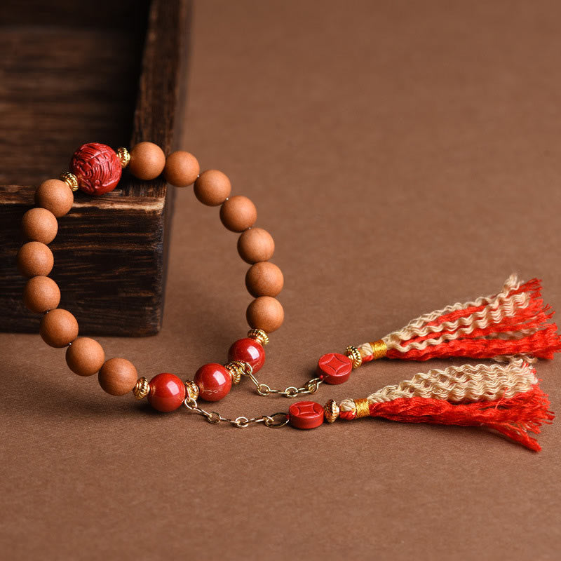 Nimara Ritual Tibetan Natural Peach Wood Cinnabar PiXiu Wealth Tassels Bracelet