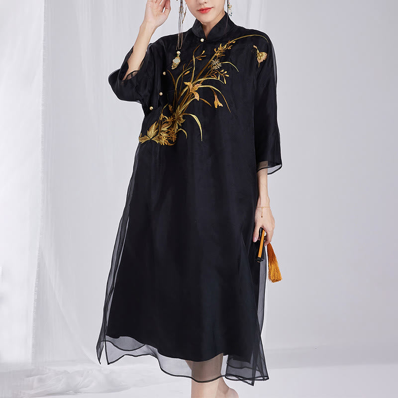 Nimara Ritual 100% Mulberry Silk 6 Momme Dress Vintage Flower Butterfly Embroidery Qipao Dress Women's Cheongsam Dress
