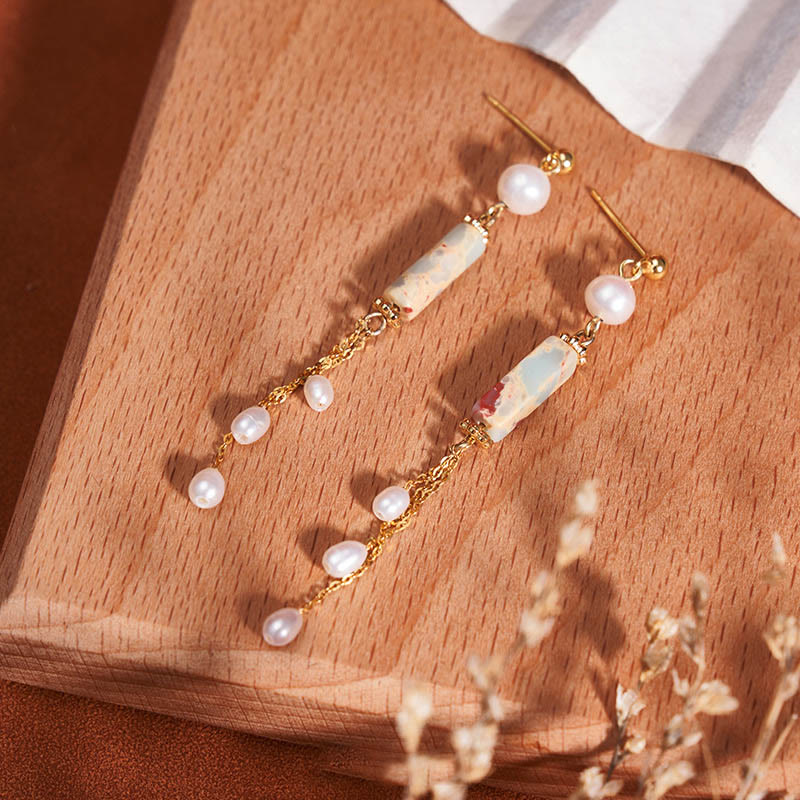 Nimara Ritual 925 Sterling Silver Posts Shoushan Stone Pearl Healing Drop Earrings