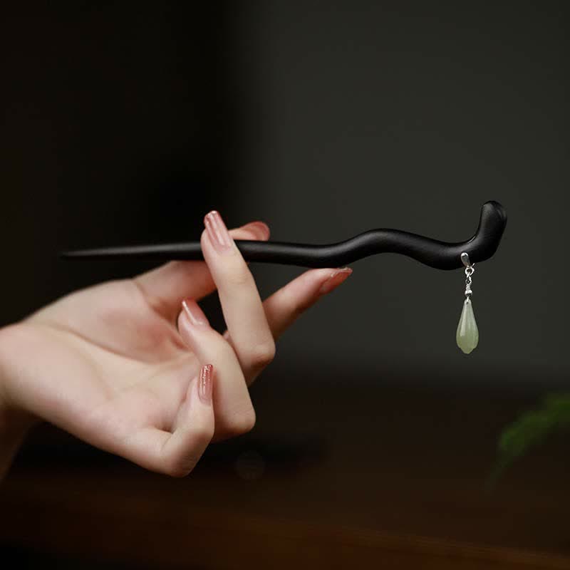 Nimara Ritual 925 Sterling Silver Natural Hetian Jade Ebony Wood Luck Charm Hairpin