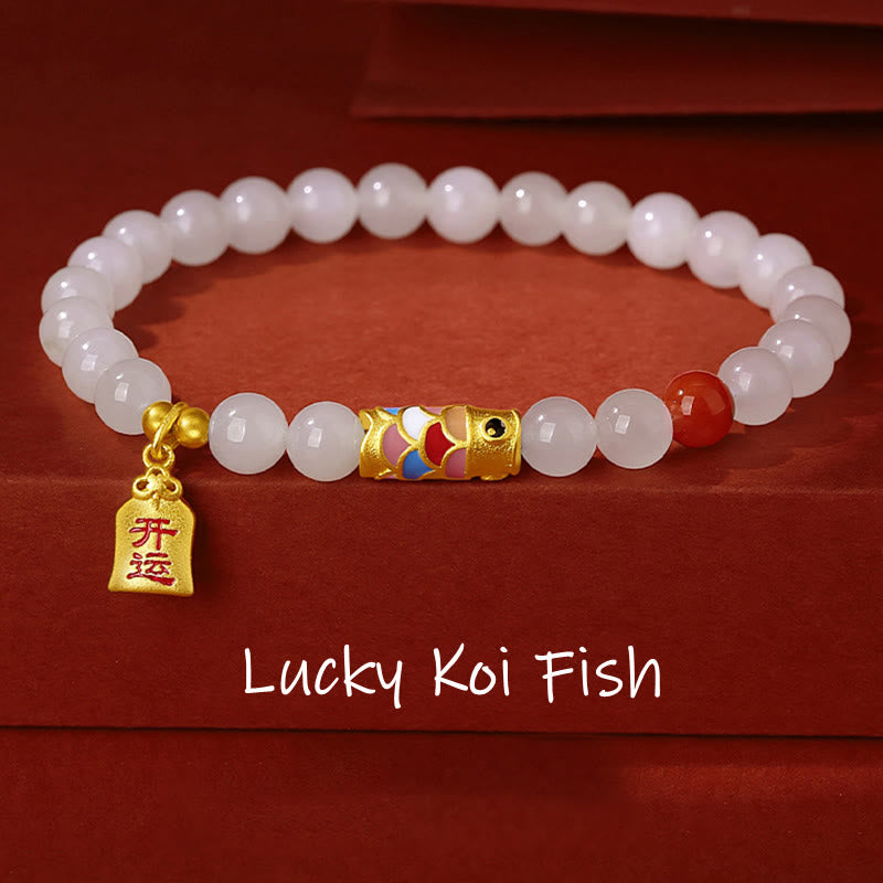 Nimara Ritual 925 Sterling Silver Hetian White Jade Red Agate Koi Fish Luck Happiness Bracelet