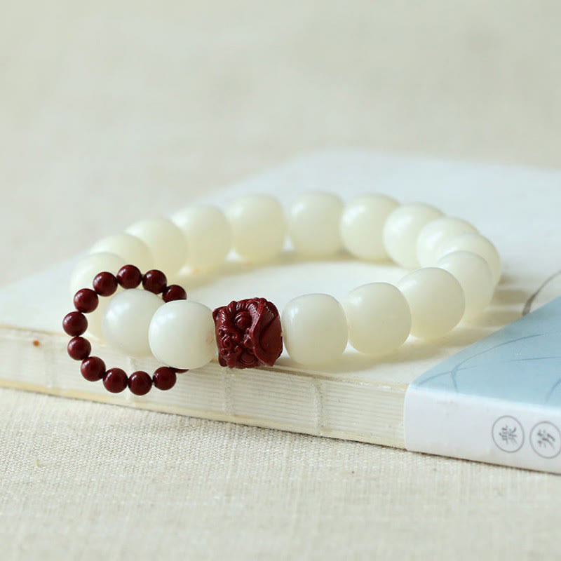Nimara Ritual Natural Bodhi Seed Cinnabar Dancing Lion Charm Wisdom Harmony Wrist Mala