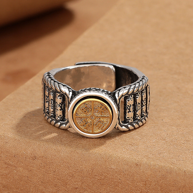 Nimara Ritual Tibetan Om Mani Padme Hum Carved Design Copper Coin Purity Rotatable Ring