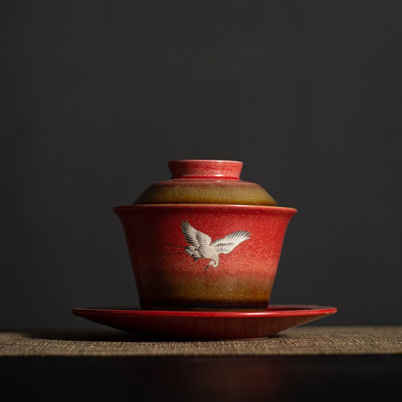 Nimara Ritual Red Auspicious Crane Ceramic Gaiwan Sancai Teacup Kung Fu Tea Cup And Saucer With Lid