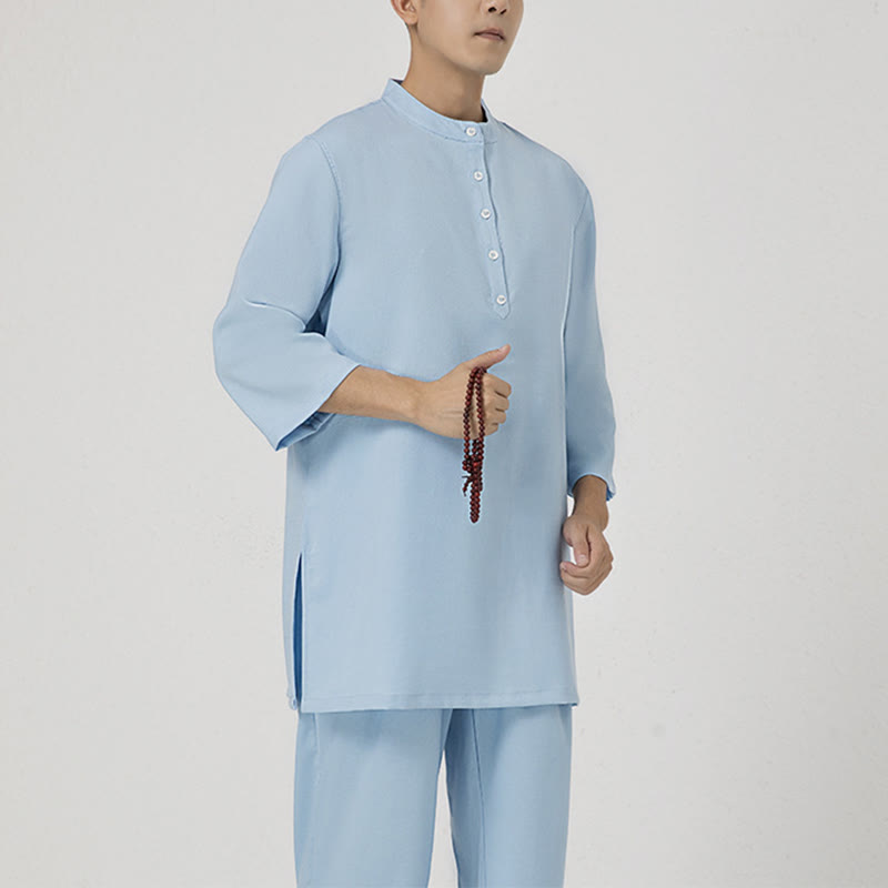 Nimara Ritual 2Pcs Buttons Men's Three Quarter Sleeve Shirt Top Pants Meditation Zen Tai Chi Cotton Linen Clothing Set