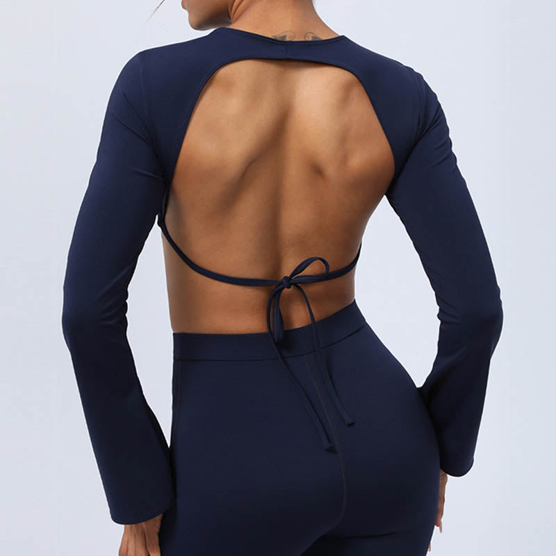 Nimara Ritual Long Sleeve Backless Strap Top Bra Flare Pants Fitness Yoga Outfit