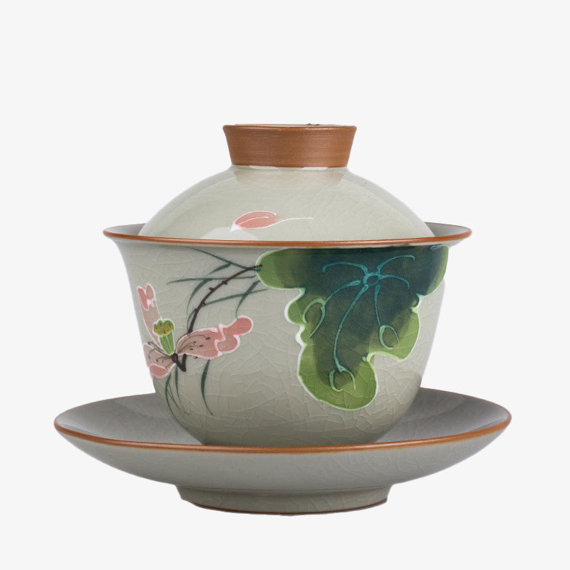 Nimara Ritual Lotus Koi Fish Pod Leaf Ceramic Gaiwan Sancai Teacup Kung Fu Tea Cup And Saucer With Lid 140ml