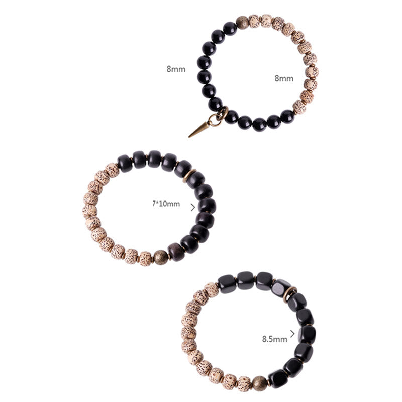 Nimara Ritual Tibetan Bodhi Seed Black Obsidian Ebony Wood Copper Peace Bracelet