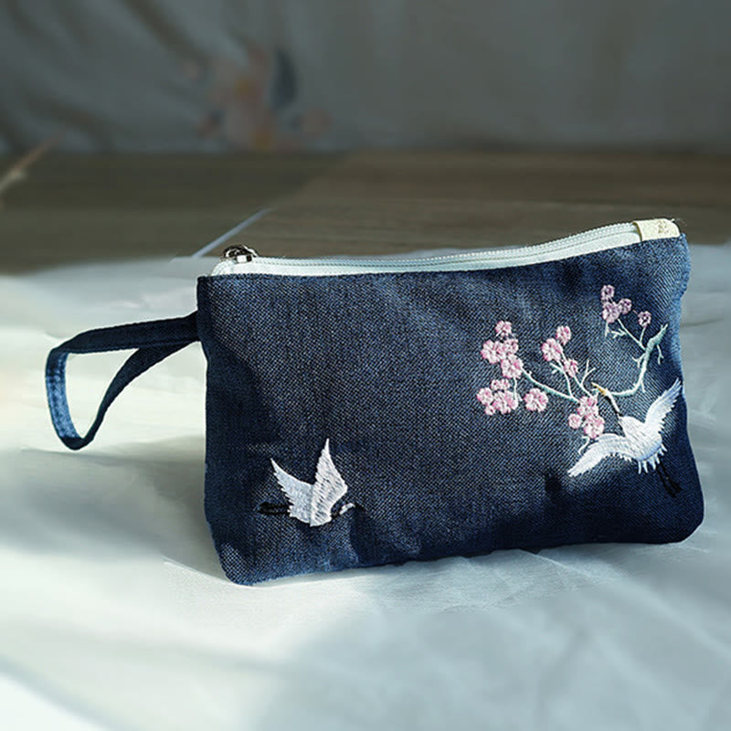 Nimara Ritual Small Flower Plum Cherry Crane Peach Blossom Embroidery Canvas Wallet Shopping Purse