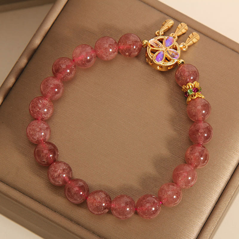 Nimara Ritual Natural Strawberry Quartz Four Leaf Clover Dreamcatcher Charm Love Bracelet