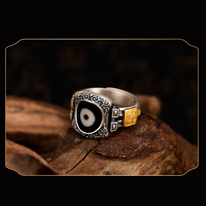 Nimara Ritual 925 Sterling Silver Zakiram Goddess of Wealth Design Dzi Bead Protection Ring