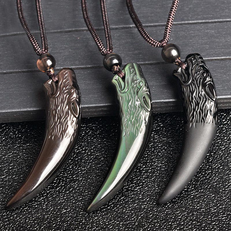 Nimara Ritual Natural Black Obsidian Ice Obsidian Rainbow Obsidian Wolf Tooth Pattern Strength Necklace Pendant