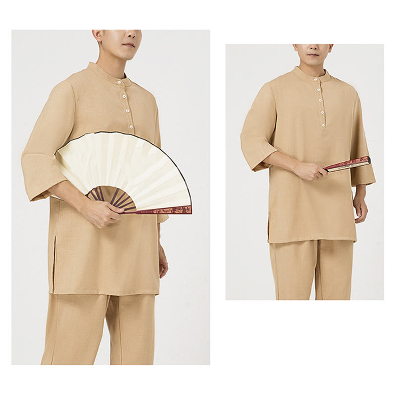 Nimara Ritual 2Pcs Buttons Men's Three Quarter Sleeve Shirt Top Pants Meditation Zen Tai Chi Cotton Linen Clothing Set