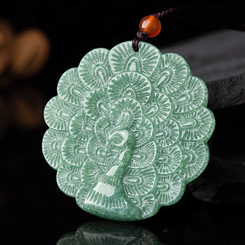 Nimara Ritual Natural Jade Peacock Luck Prosperity Necklace Pendant