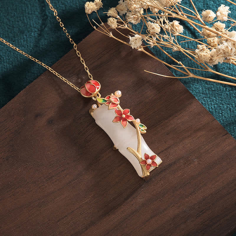 Nimara Ritual White Jade Bamboo Lotus Flowers Luck Protection Necklace Pendant