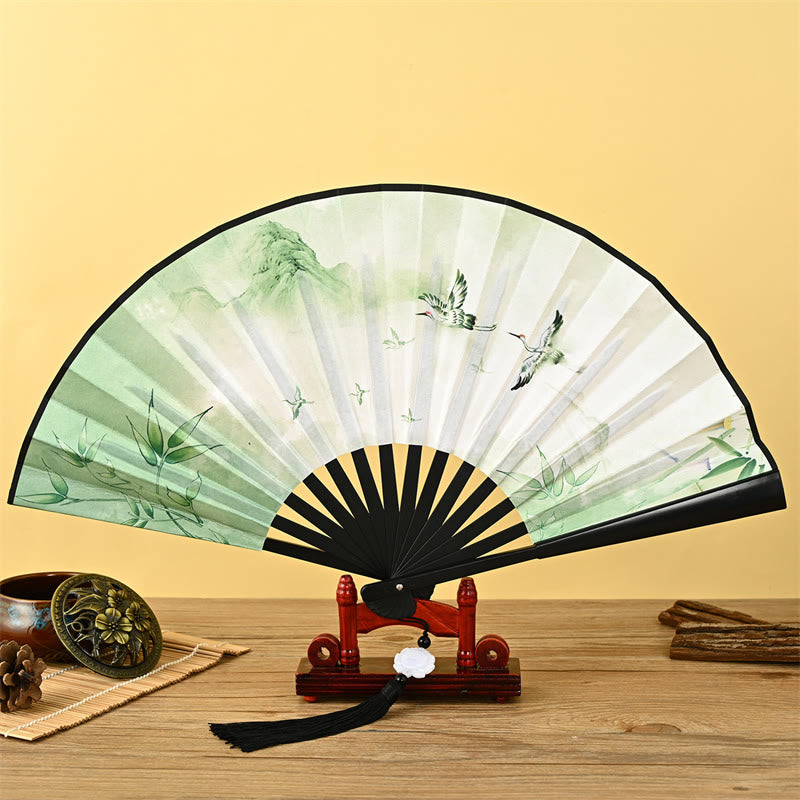Nimara Ritual Vintage Phoenix Nine Tailed Fox Flower Bamboo Tiger Handheld Folding Fan Lotus Tassel Fan