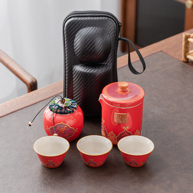 Nimara Ritual Flower Chinese Gongfu Ceramic Teapot Portable Outdoor Travel Tea Set Bag