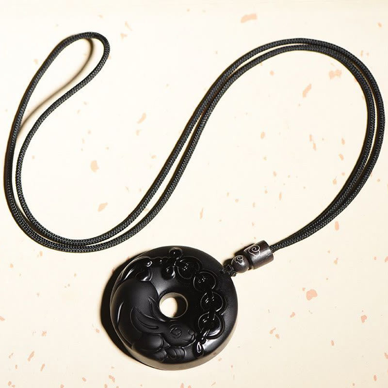 Nimara Ritual Chinese Zodiac Natural Black Obsidian Peace Buckle Strength Necklace Pendant
