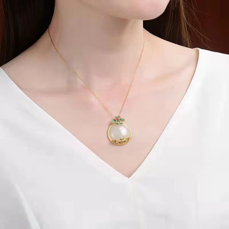 Nimara Ritual White Jade Red Agate Flower Blessing Luck Necklace Pendant