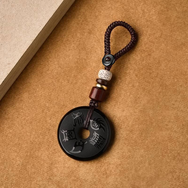 Nimara Ritual Black Obsidian Taoism Five Sacred Mountains Carved Strength Peace Buckle Necklace Pendant Key Chain Phone Hanging Decoration