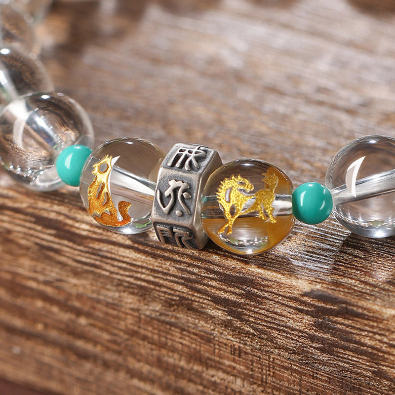Nimara Ritual 925 Sterling Silver Chinese Zodiac Natal Buddha Auspicious Groups White Crystal Hetian Jade Healing Bracelet