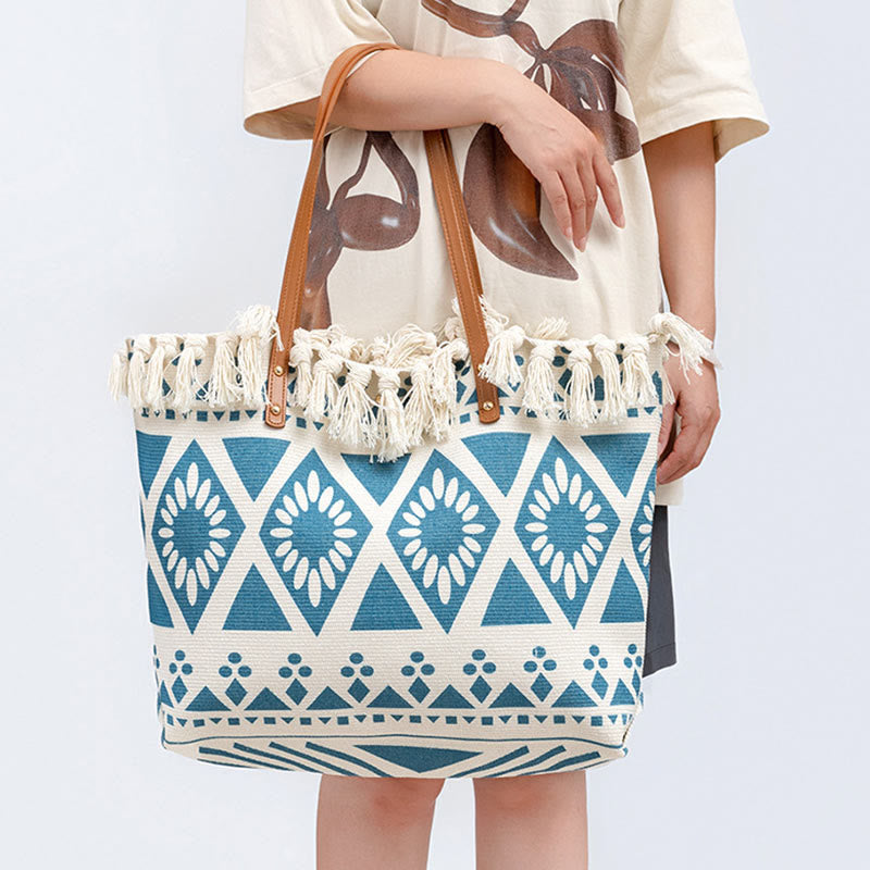 Nimara Ritual Large Capacity Boho Geometry Print Tassel Canvas Tote Shoulder Bag