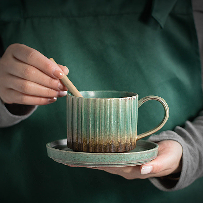 Nimara Ritual Retro Striped Kiln Change Ceramic Coffee Mug Rough Pottery Tea Coffee Cup With Saucer 250ml