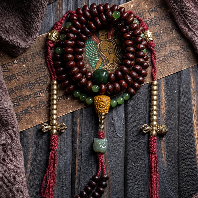 Nimara Ritual Natural Tibet 108 Mala Beads Purple Bodhi Seed Hetian Cyan Jade Copper Dorje Peace Bracelet