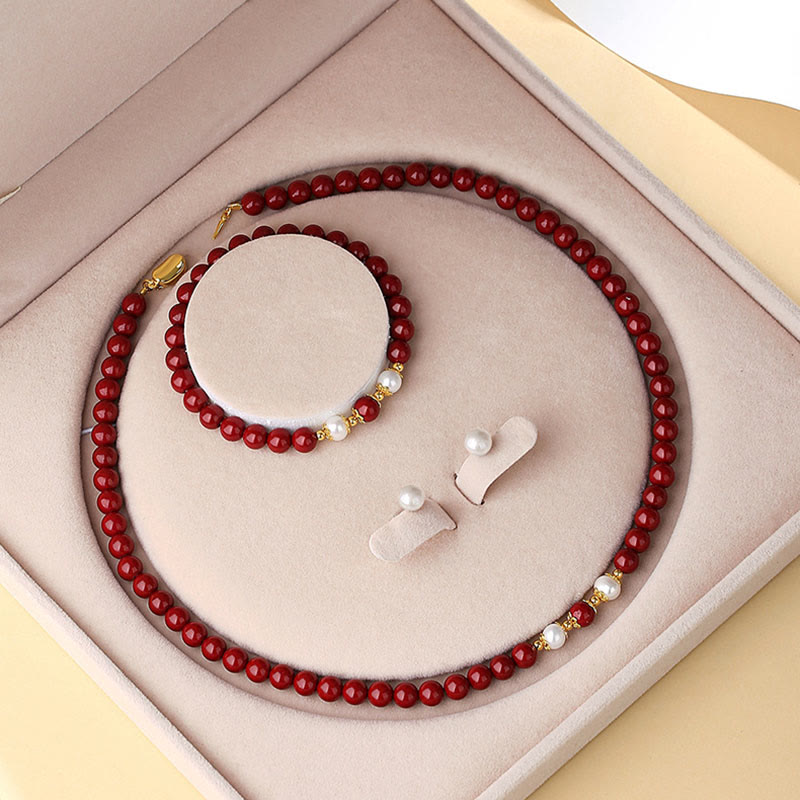 Nimara Ritual 925 Sterling Silver Natural Cinnabar Pearl Blessing Necklace Pendant Bracelet Earrings Jewelry Set
