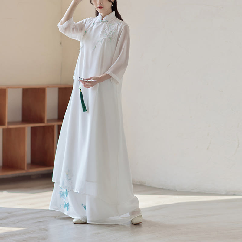 Nimara Ritual Bamboo Cheongsam Dress Midi Dress Wide Leg Pants Meditation Spiritual Zen Practice Clothing