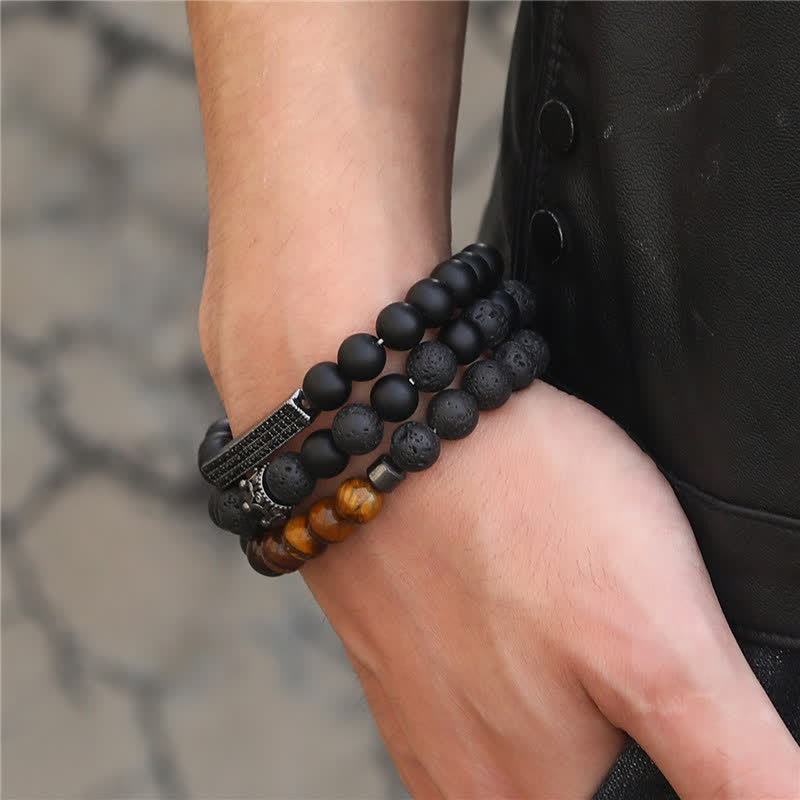 Nimara Ritual 3Pcs Frosted Stone Lava Rock Tiger Eye Activate Bracelet