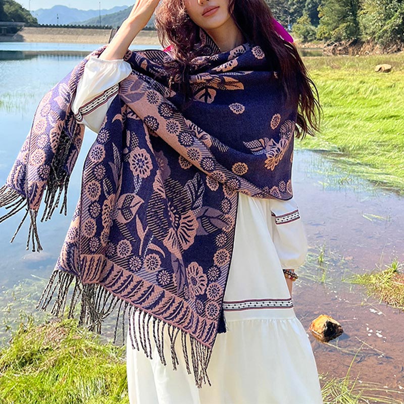 Nimara Ritual Tibetan Flower Floral Leaves Pattern Design Shawl Cozy Travel Scarf Wrap