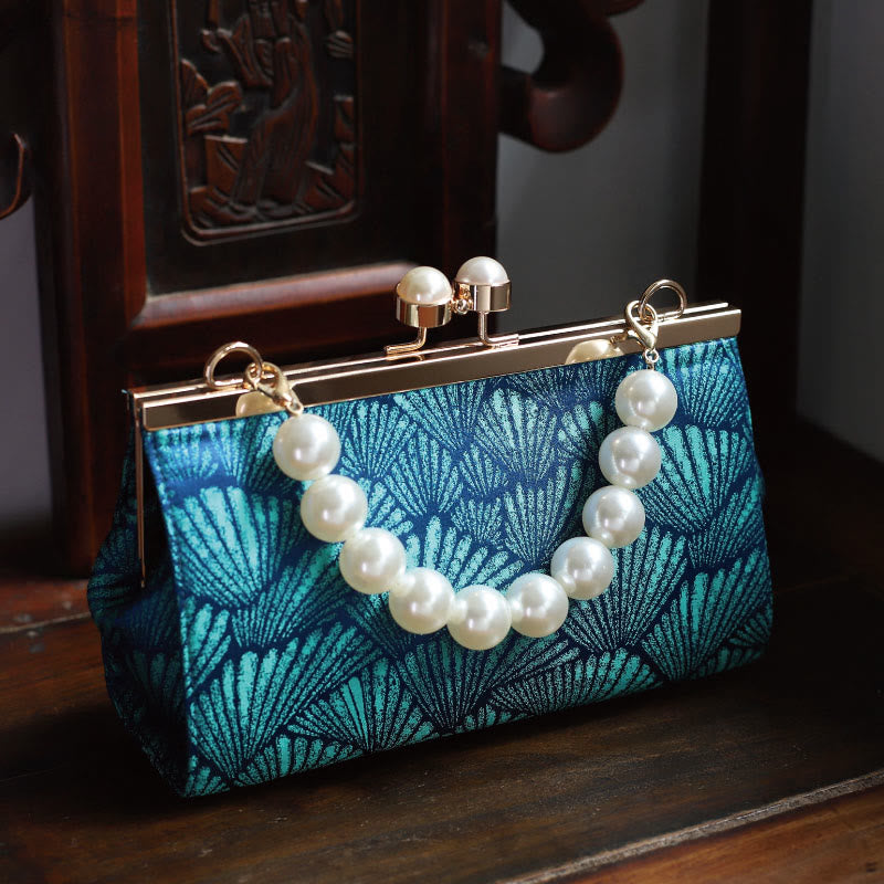 Nimara Ritual Vintage Peacock Blue Leaf Pattern Pearl Metal Handbag