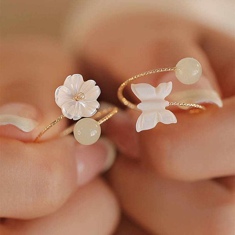 Nimara Ritual 14k Gold Plated Round Hetian Jade Tridacna Stone Peach Blossom Flower Butterfly Prosperity Adjustable Ring