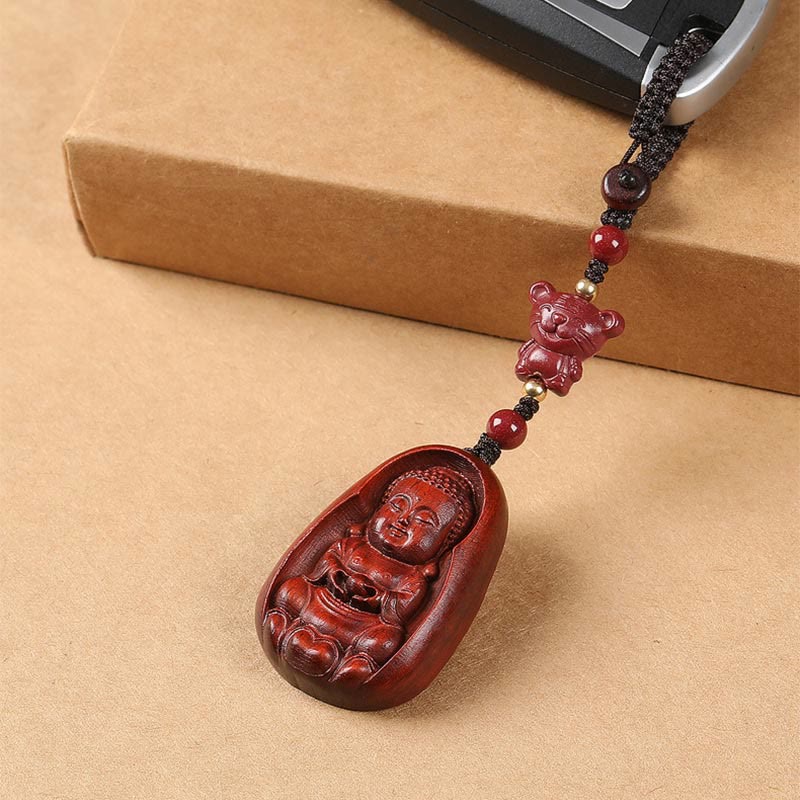 Nimara Ritual Small Leaf Red Sandalwood Buddha Cinnabar Chinese Zodiac Amulet Protection Key Chain