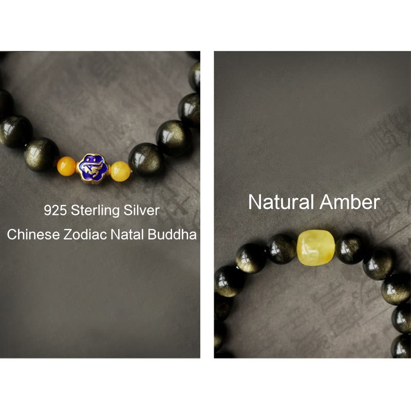 Nimara Ritual 925 Sterling Silver Chinese Zodiac Natal Buddha Natural Gold Sheen Obsidian Amber Wealth Protection Bracelet