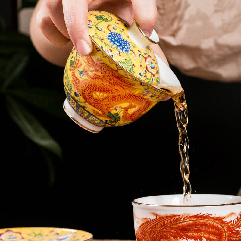 Nimara Ritual Dragon Phoenix Flower Design Ceramic Gaiwan Sancai Teacup Kung Fu Tea Cup And Saucer With Lid