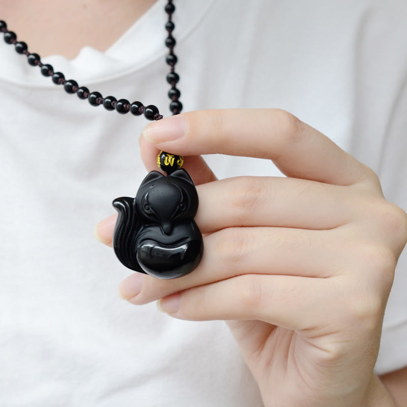 Nimara Ritual Natural Black Obsidian Tiger Eye Ice Obsidian Fox Pendant Amulet Necklace