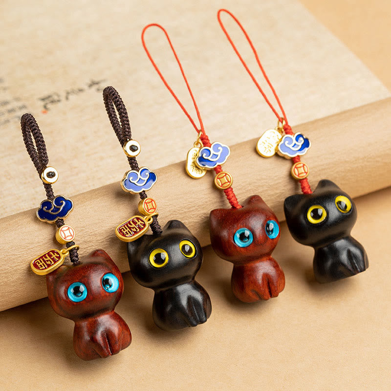 Nimara Ritual Small Leaf Red Sandalwood Ebony Wood Lucky Cat Protection Key Chain Phone Hanging Decoration