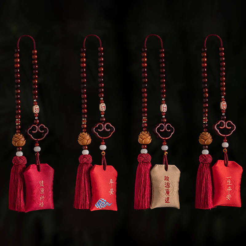 Nimara Ritual Tibetan Small Leaf Red Sandalwood Lotus Cinnabar Sachet Protection Tassel Car Hanging Decoration