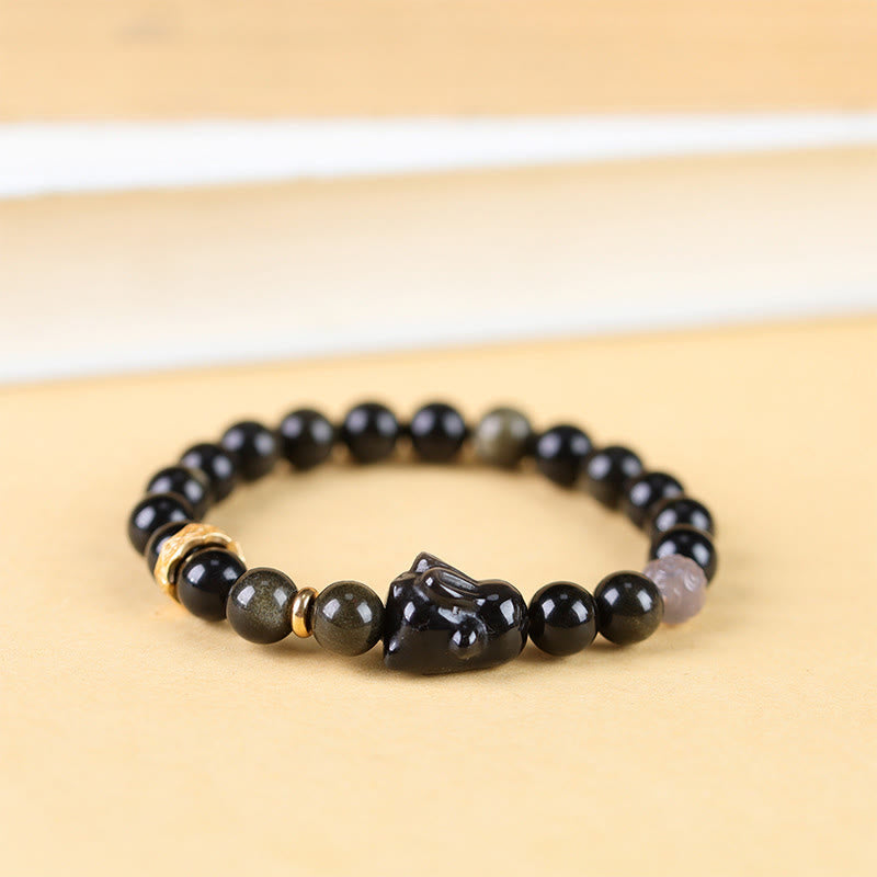Nimara Ritual Gold Sheen Obsidian Black Obsidian Silver Sheen Obsidian Cute Rabbit Protection Bracelet