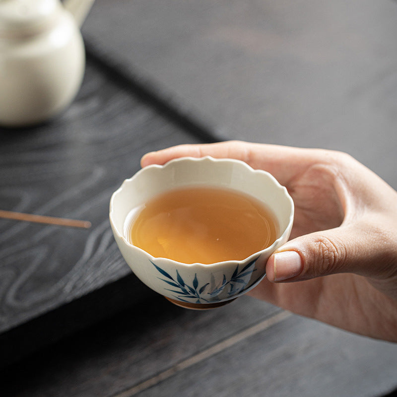 Nimara Ritual Small Blue Bamboo Leaves Ceramic Teacup Kung Fu Tea Cup Bowl