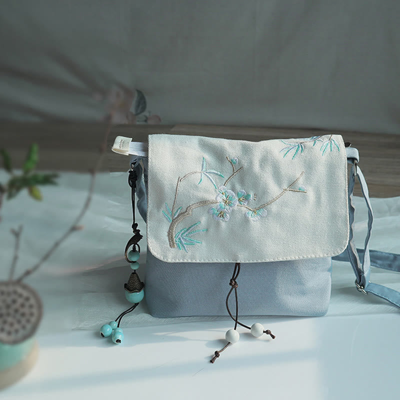 Nimara Ritual Handmade Embroidered Plum Flowers Canvas Crossbody Bag Shoulder Bag Handbag