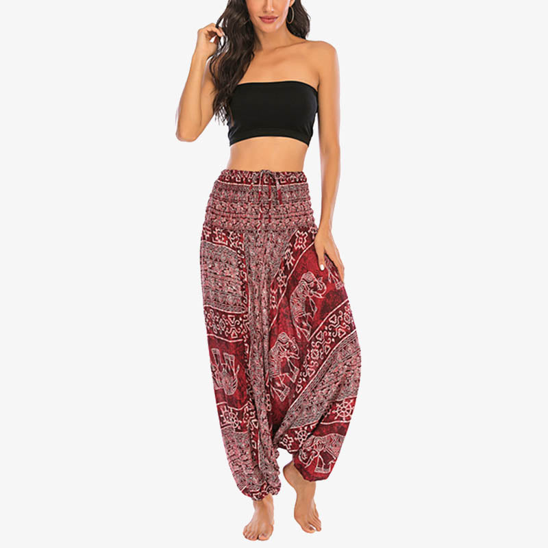 Nimara Ritual Two Style Wear Elephant Pattern Loose Smocked Harem Trousers Jumpsuit Women's Yoga Pants