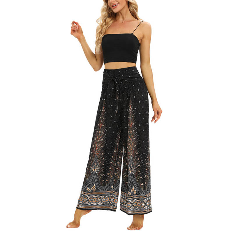 Nimara Ritual Boho Peacock Feathers Lace-up Wide Leg Pants Women's Yoga Pants