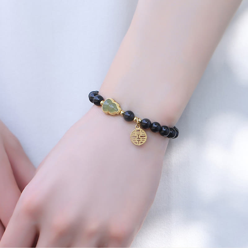Nimara Ritual Natural Black Obsidian Hetian Jade Gourd Double Happiness Strength Bracelet