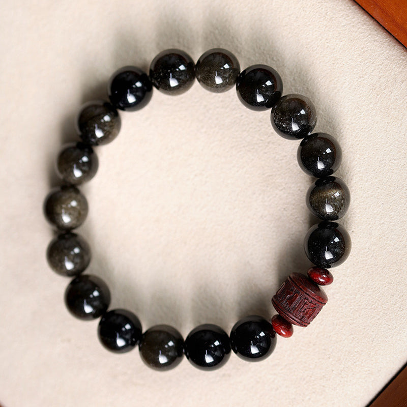 Nimara Ritual Natural Gold Sheen Obsidian Rainbow Obsidian Om Mani Padme Hum Fu Character Healing Bracelet