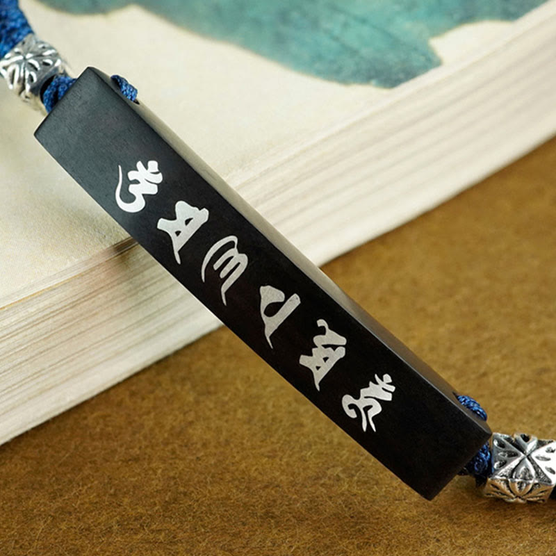 Nimara Ritual Buddhism Six True Words Wood Ebony Wood Silver Inlaid Protection Bracelet
